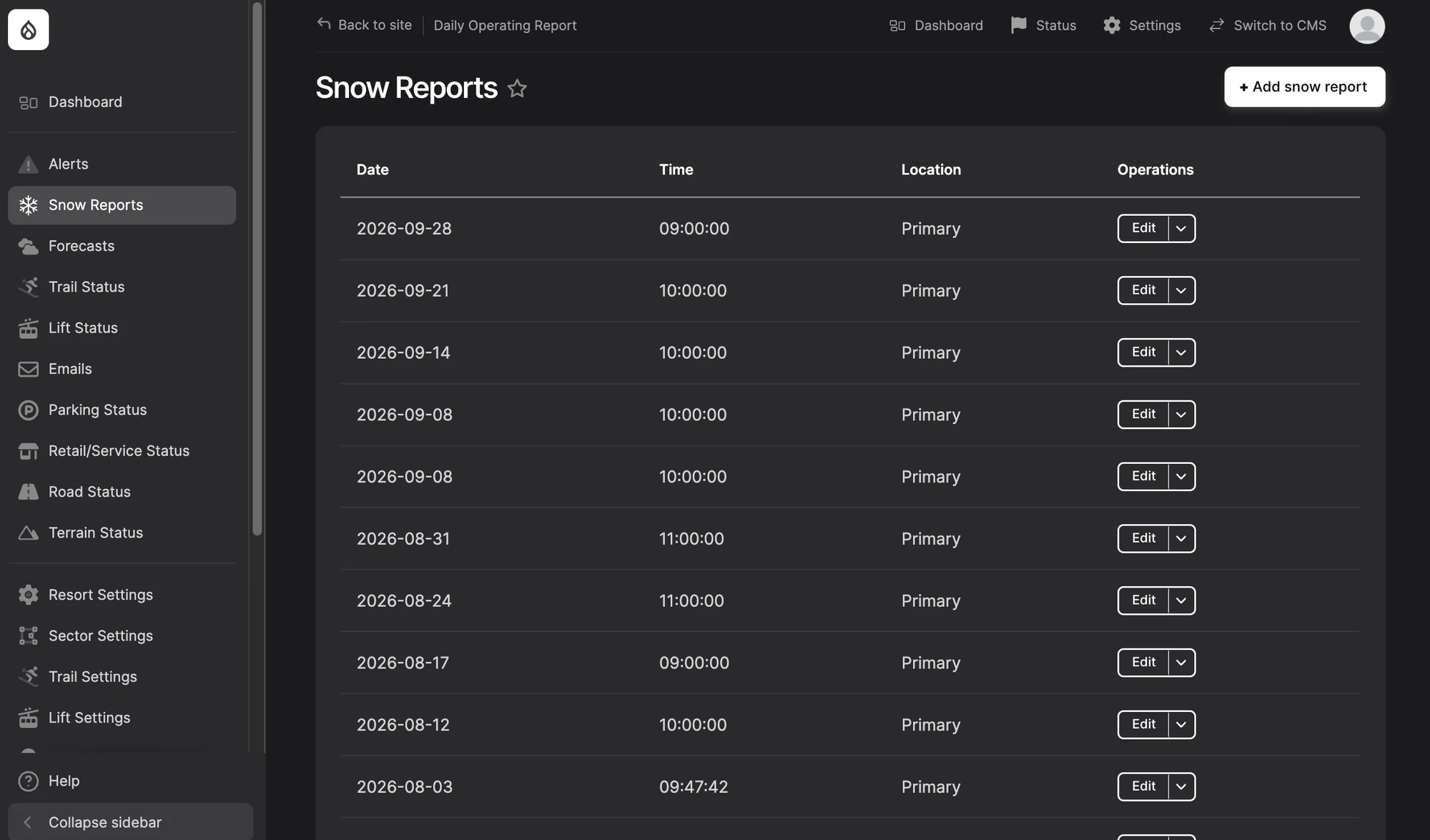 POWDR’s Snow Reports list: dated entries with a time, a Primary location, and Edit actions, plus an Add snow report button