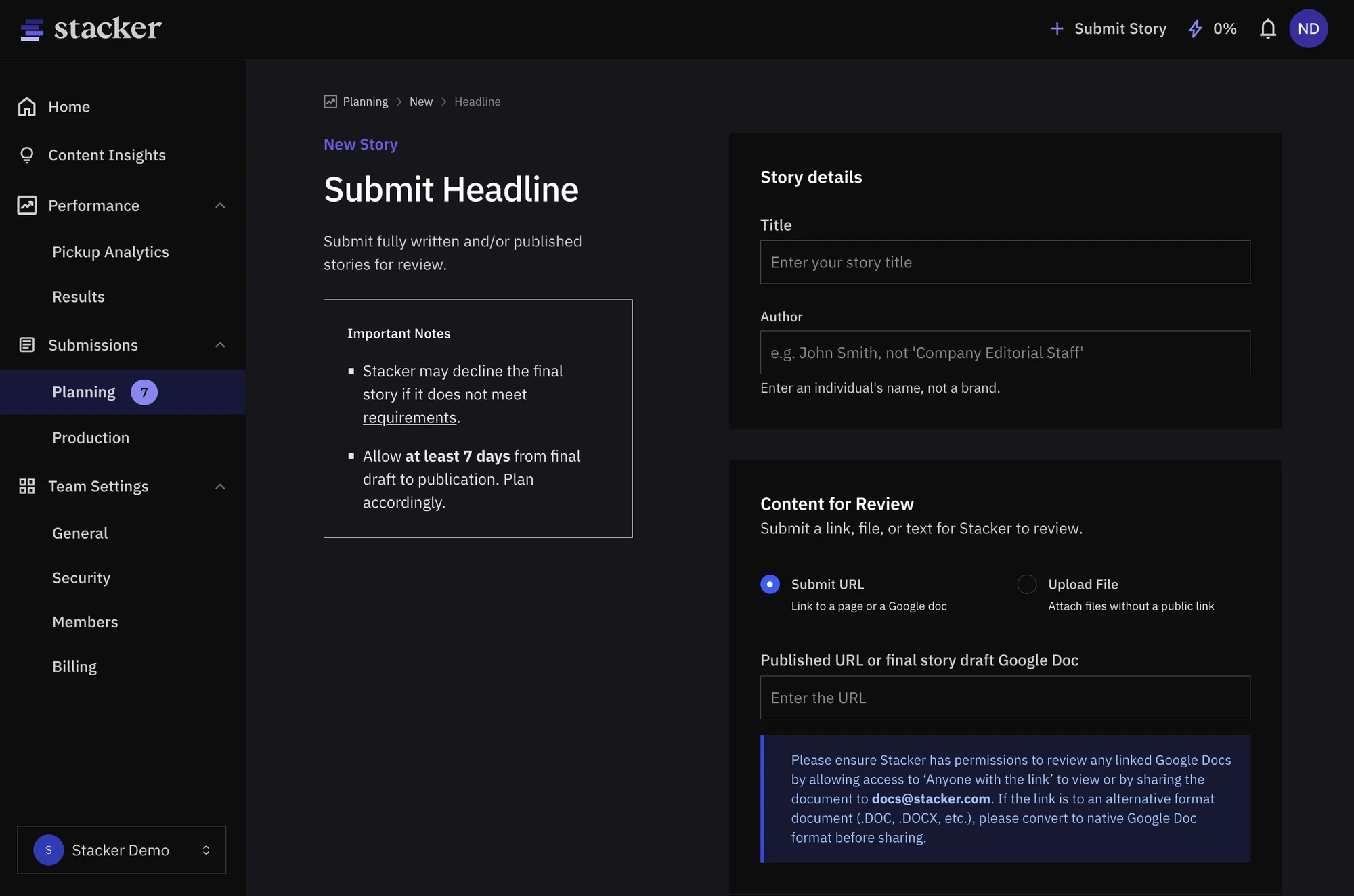 Stacker’s Submit Headline form: story title and author fields, a choice between submitting a URL or uploading a file, and notes on review requirements and a seven-day lead time